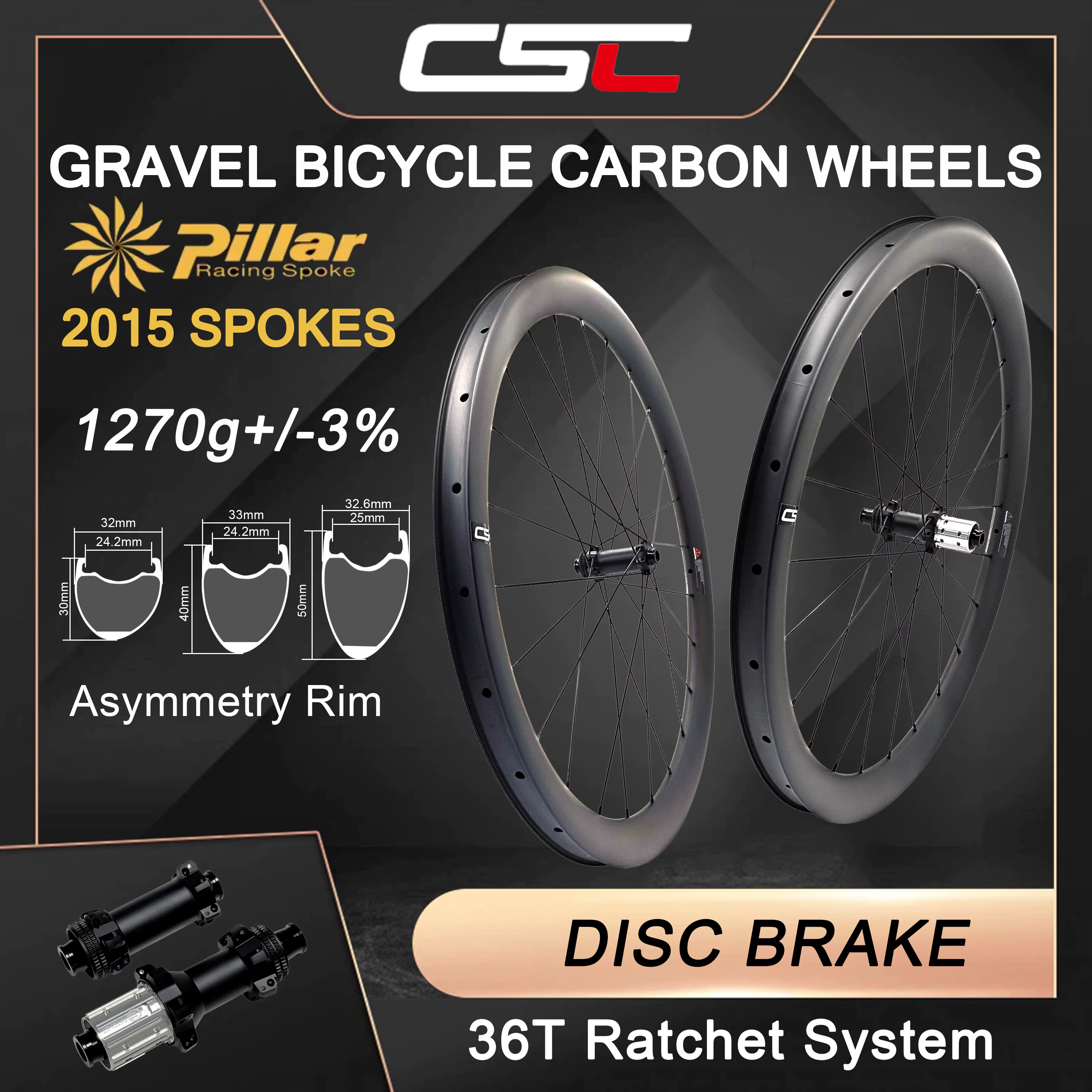 CSC gravier vélo largeur intérieure 24.2mm/25mm roues en carbone pilier 2015 rayons 36T cliquet asym