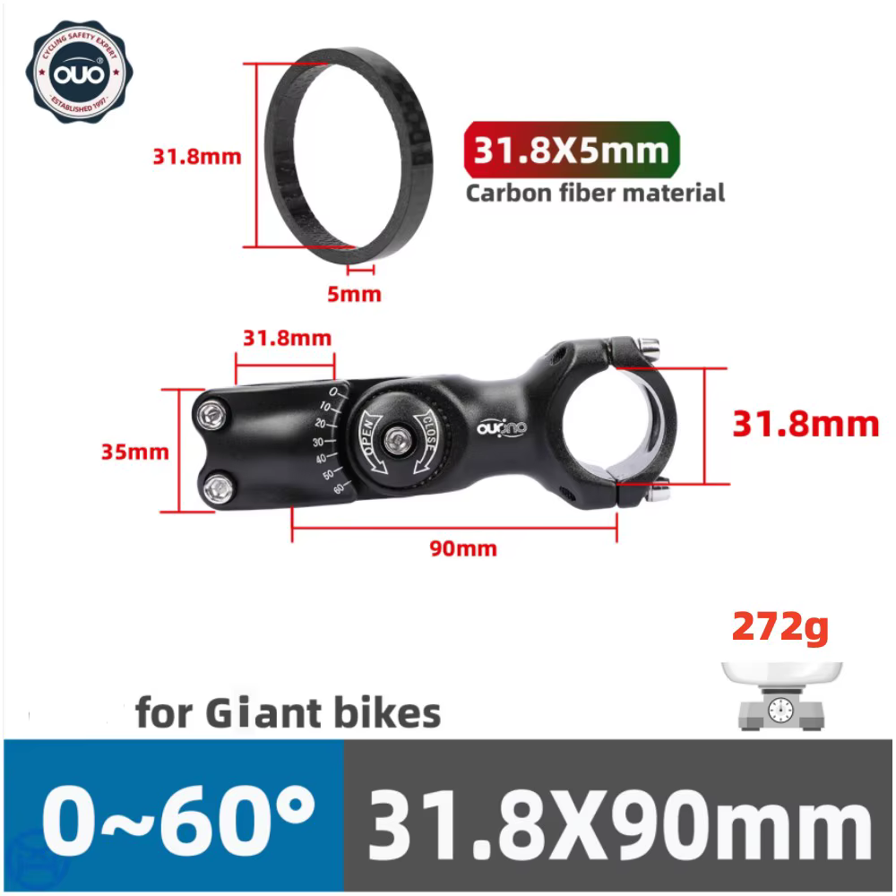 OUO tige de vélo réglable 31.8mm tige de guidon vtt Riser pour géant OD2 31.8mm tube de fourche 0-60