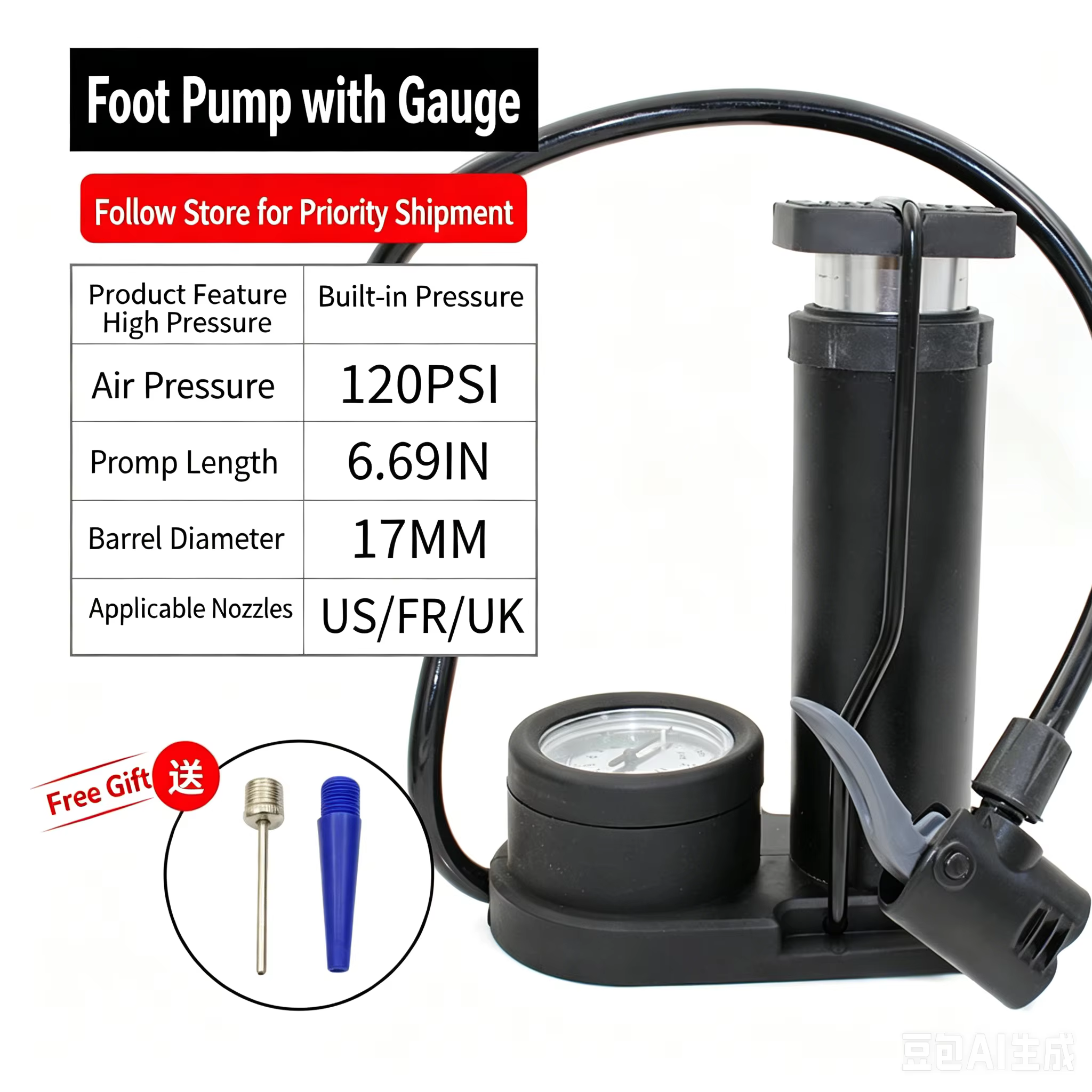 Pompe à vélo portable manuelle universelle pour gonflage de pneus de VTT, ballons et ballons de spor