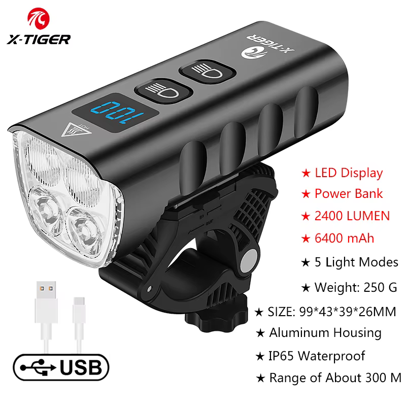 X-TIGER étanche vtt vélo lumière en alliage d'aluminium route cyclisme USB Rechargeable phare 2400 L