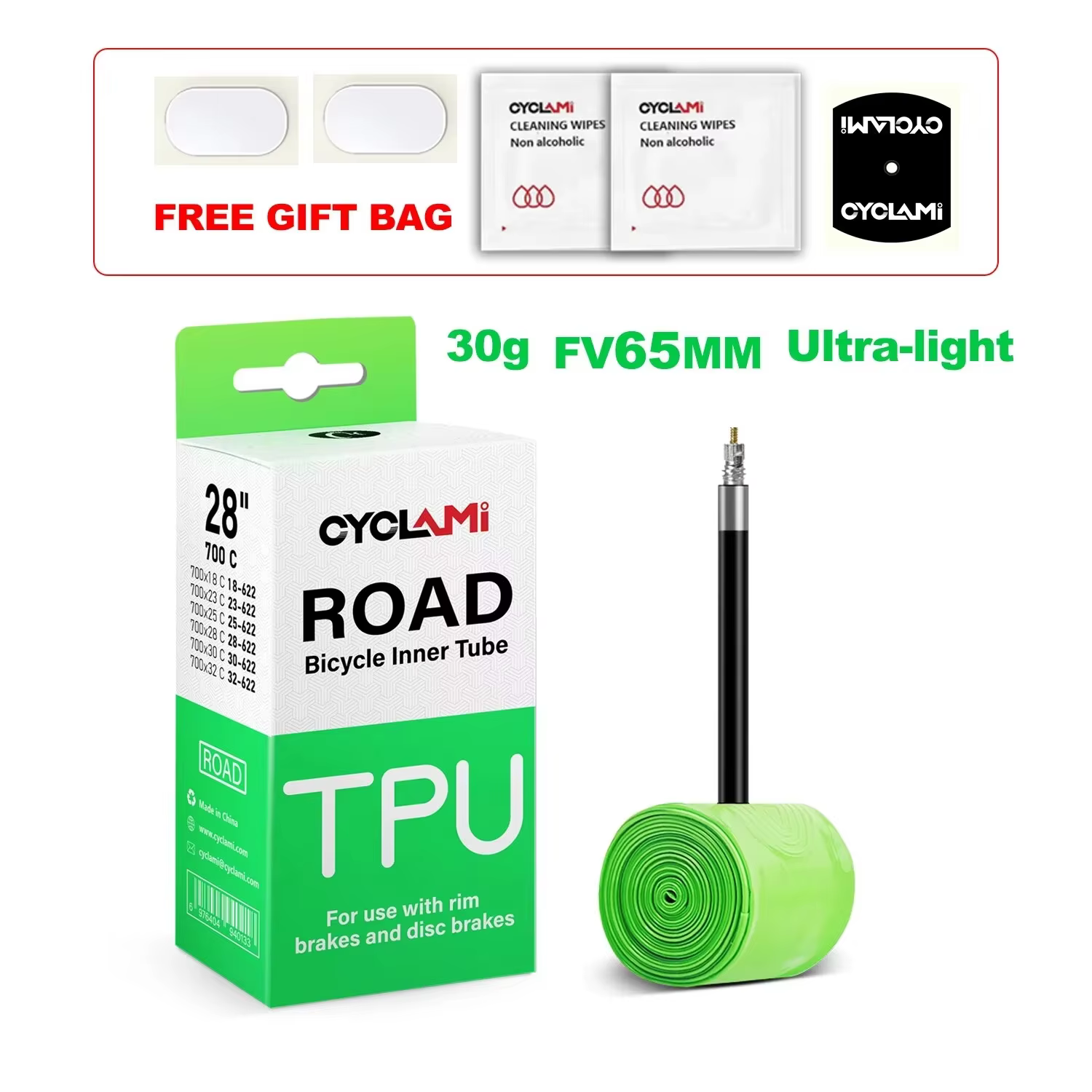 Chambre à air de vélo CYCLAMI ultralégère 30g en TPU pour pneu de vélo de route 700C 18-32, longueur