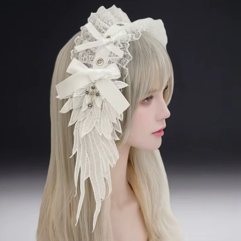 Serre-tête Gothique Lolita, Coiffe Ange Noir, Accessoire Cheveux Y2K, Coiffe Aile en Dentelle, Acces