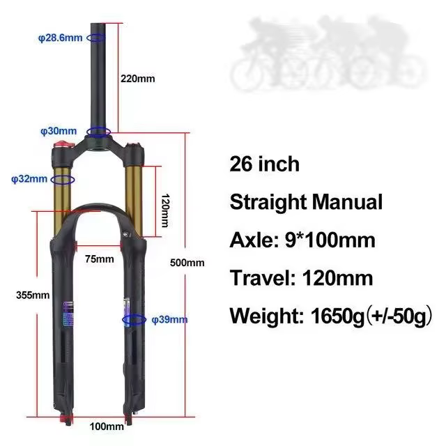 Fourche à air pour vélo Bolany avec réglage du rebond, 26/27,5/29 pouces, 120 mm de débattement, tig