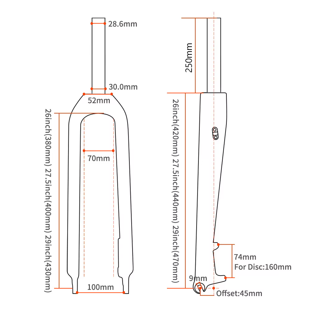 Fourche de vélo de montagne KOCEVLO 26/27.5/29 pouces, 3k carbone intégral, tube avant droit rigide