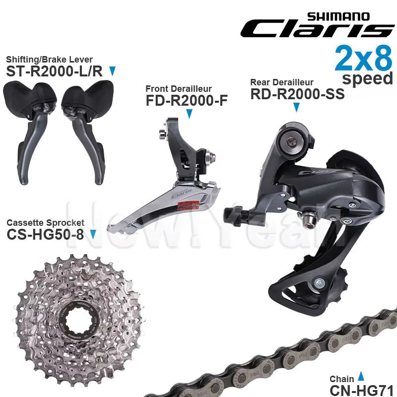 Groupe de transmission SHIMANO CLARIS R2000 2x8 vitesses ST-R2000 FD-R2000 RD-R2000 et cassette CS-H