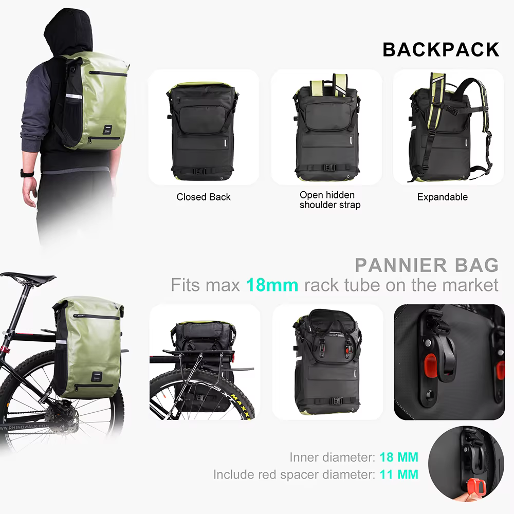 Rhinowalk – sacoche de vélo 22l, entièrement étanche, capacité arrière, support arrière multifonctio