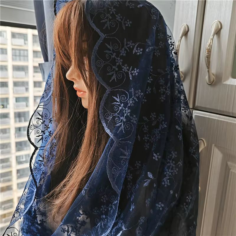 Manille à fleurs brodées bleu marine pour femmes, couvre-tête, motif Floral infini, chapelle en Tull