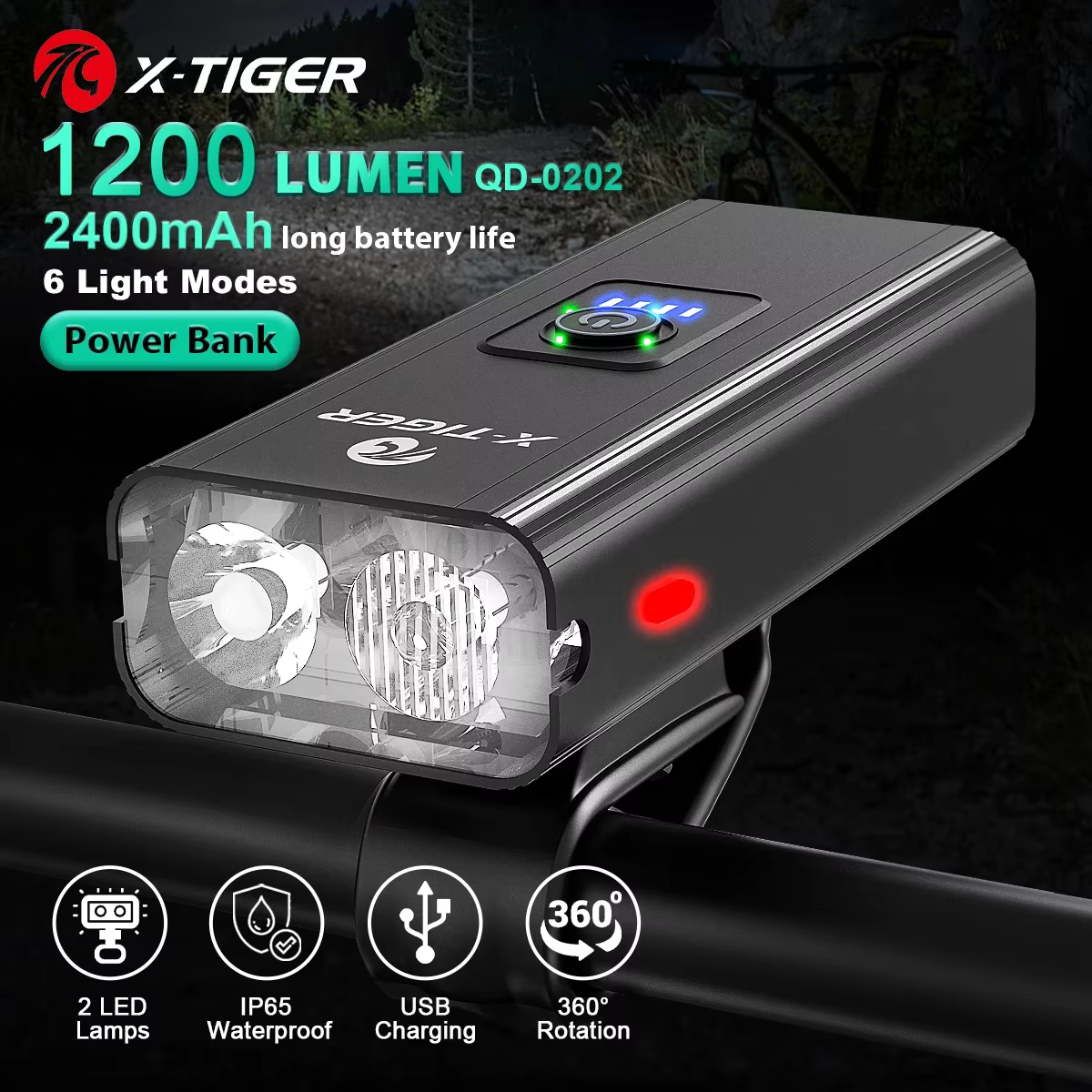 X-TIGER ensemble de feux de vélo feu avant avec feu arrière lampe de poche Rechargeable USB 6 Modes