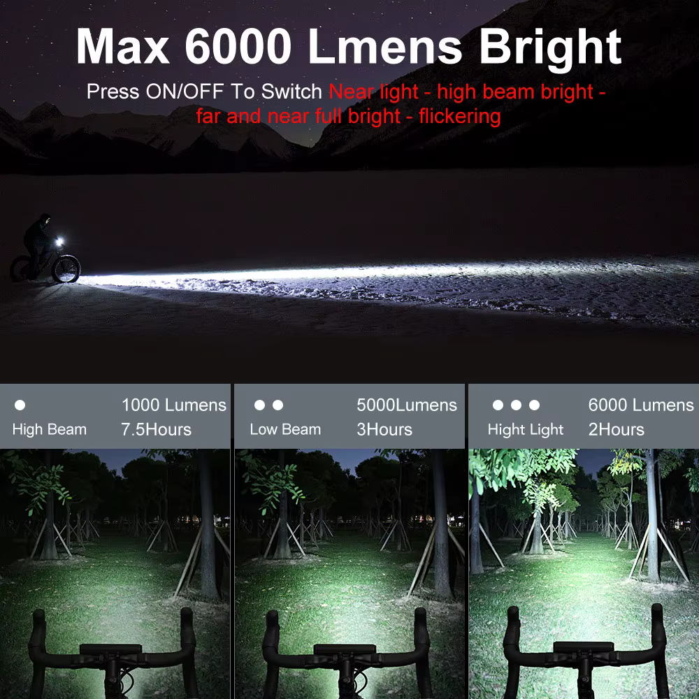 NEWBOLER vélo lumière avant 6000 Lumen vélo lumière 8000 mAh étanche lampe de poche USB charge vtt r