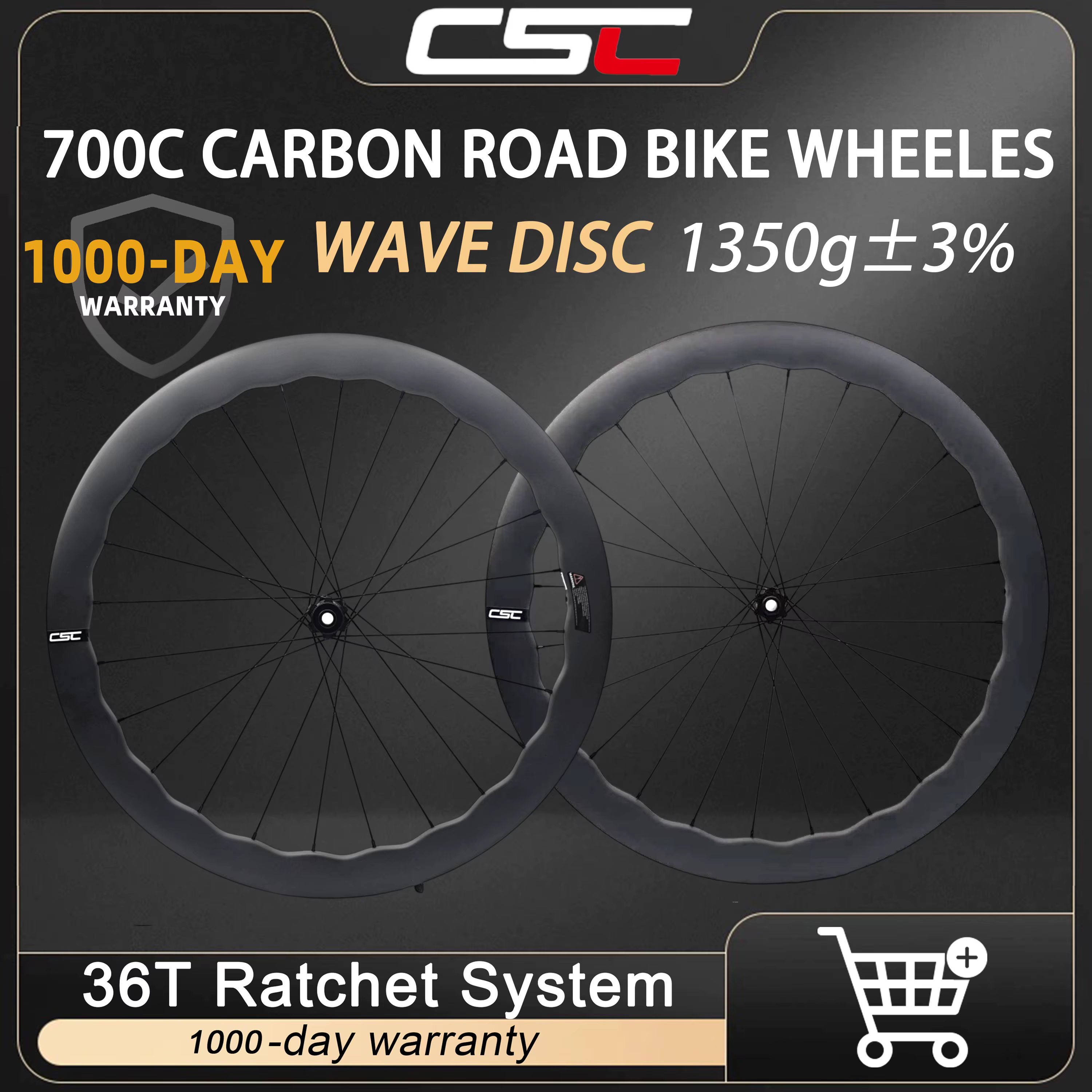 Jeu de roues de vélo de route en carbone CSC Wave Disc 1350g 700C, largeur 32 mm, profondeur 45/50 m