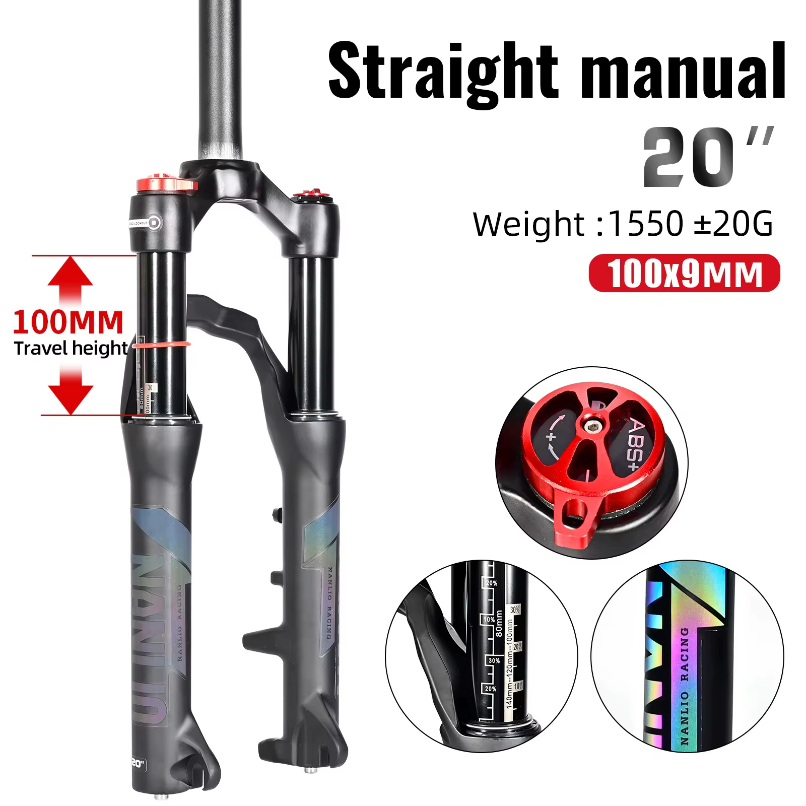 Nanlio 20/24" fourche de suspension VTT pour jeunes, dégagement et verrouillage rapides, voyage 100-