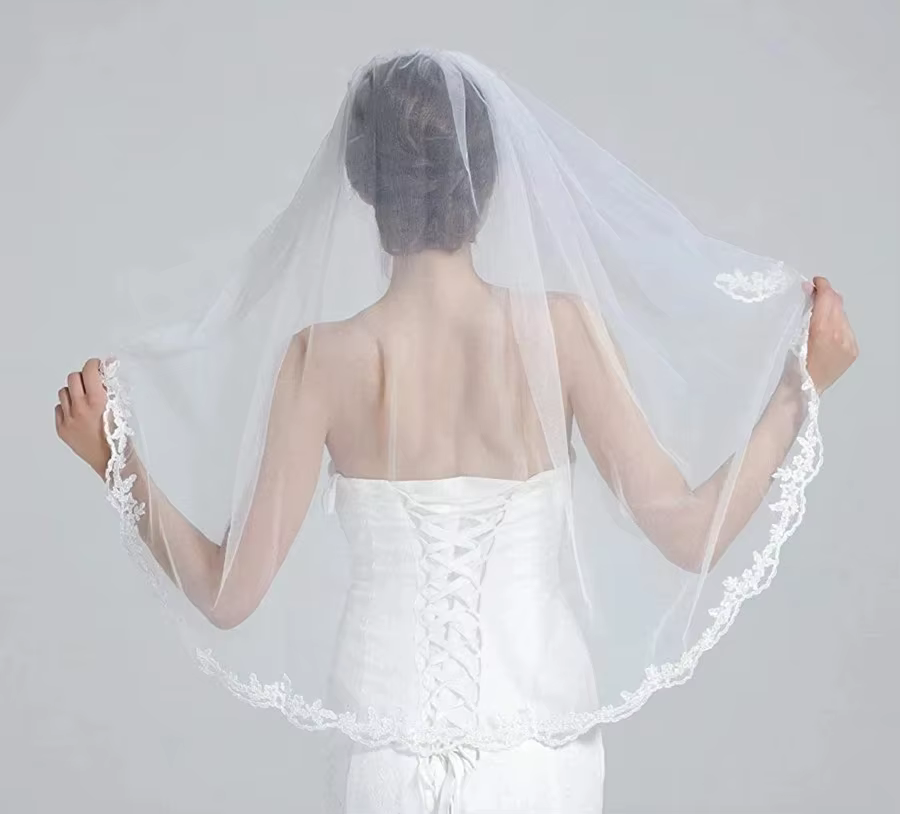 Voile Court en Dentelle Ivoire Blanche à Une Couche pour Patients, Longueur du Coude, avec Peigne, A