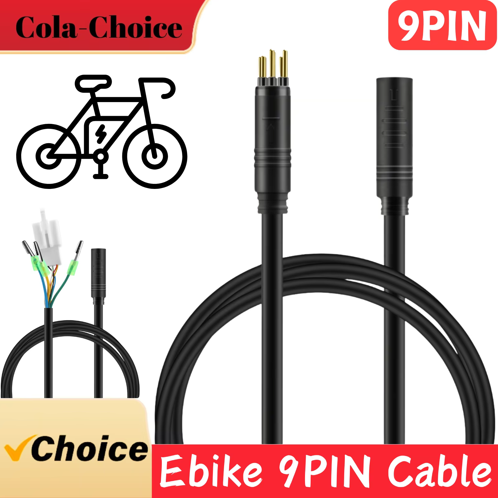 Câble d'extension pour moteur de moyeu de roue de vélo électrique 60cm/120cm, port étanche 9 broches