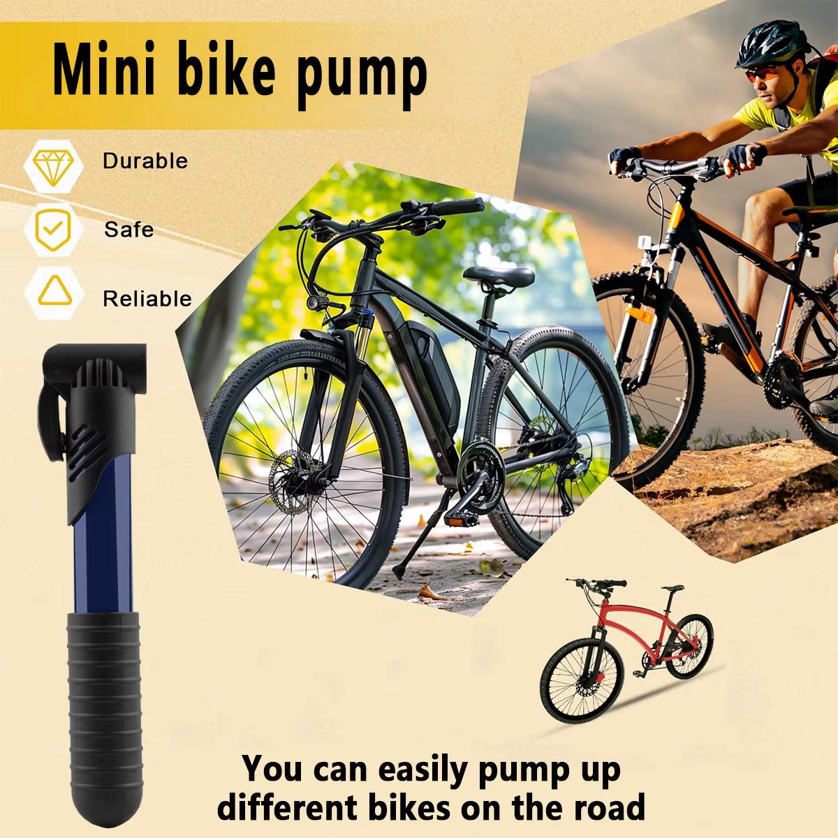 Mini pompe à vélo portable avec poignée antidérapante, gonfleur manuel, universel pour vélos de mont
