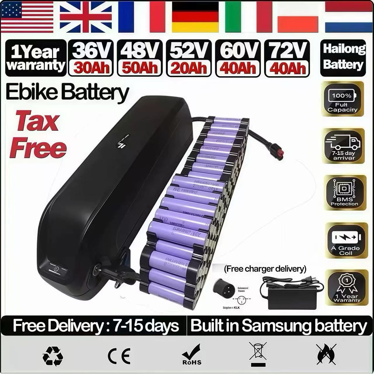 Batterie Vélo Électrique Hailong 24V 30Ah 40Ah 50Ah 60Ah 52V 36V 60V 72V 48V 20Ah Cham-rider Akumula
