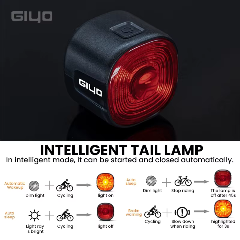 Feu arrière intelligent de vélo Giyo avec freinage intégré, étanche IP66, 6 modes d'éclairage, haute