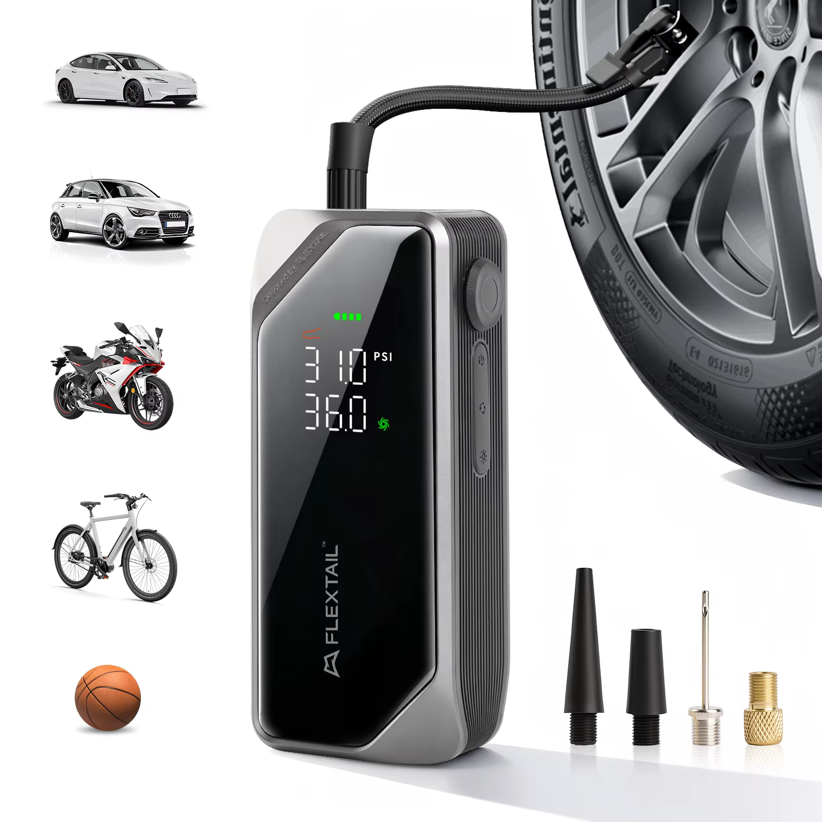 FLEXTAIL Pompe à pneus 150PSI, gonfleur de pneus électrique pour balles de moto de vélo de voiture,