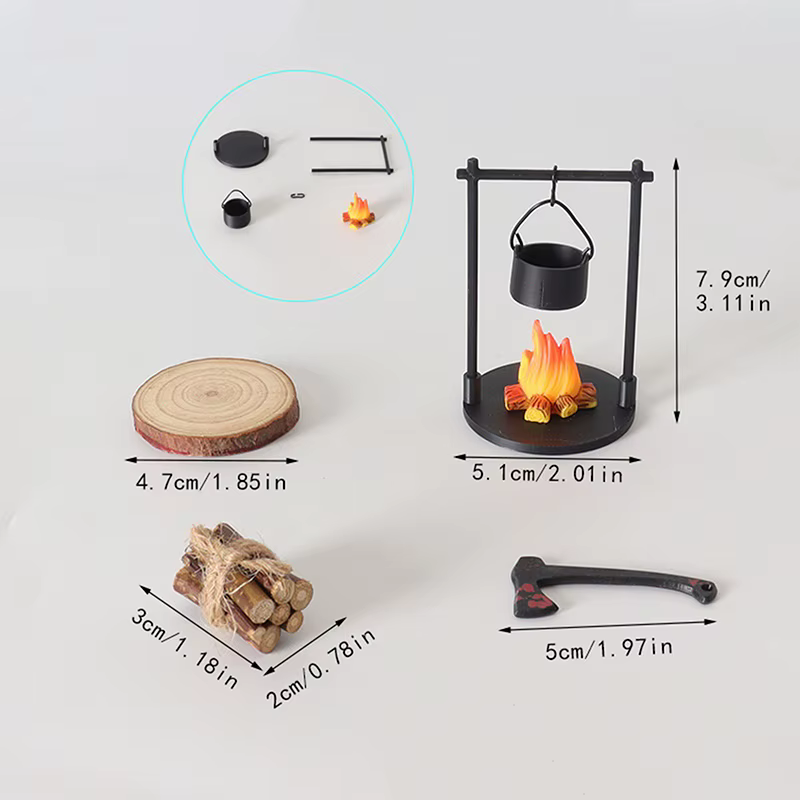 Feu de camp et théière miniatures, décorations de Sculpture miniatures modernes sur le thème fantast