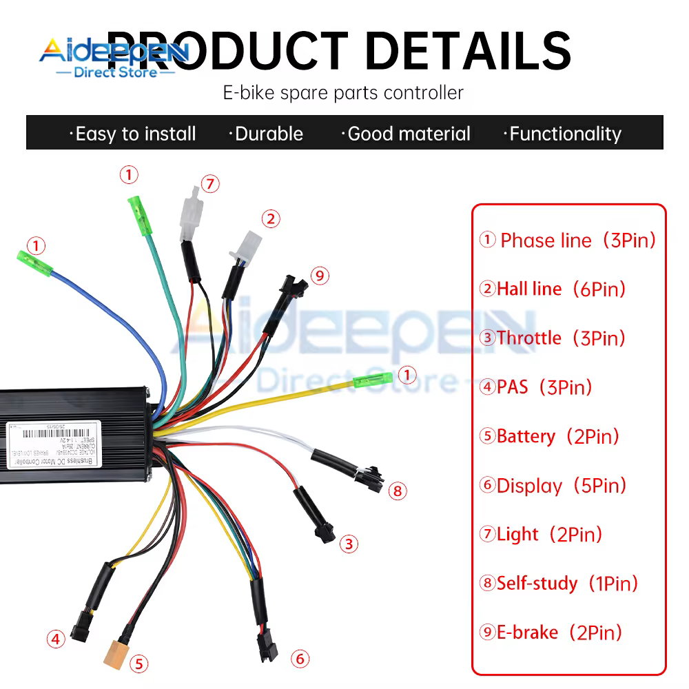 Contrôleur de moteur sans balais à onde sinusoïdale pour vélo électrique, 24V/36V/48V, 500W/750W, 26