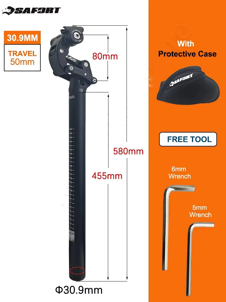 SAFORT – tige de selle pliable pour vélo électrique, 580mm, pour amortisseur 30.9 33.9mm, tube de su