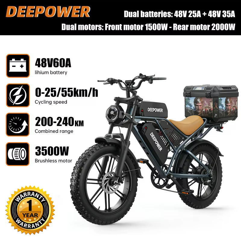 Vélo électrique Deepower S8 à double motorisation 3500W, batterie amovible 48V 60AH, pneus larges 20