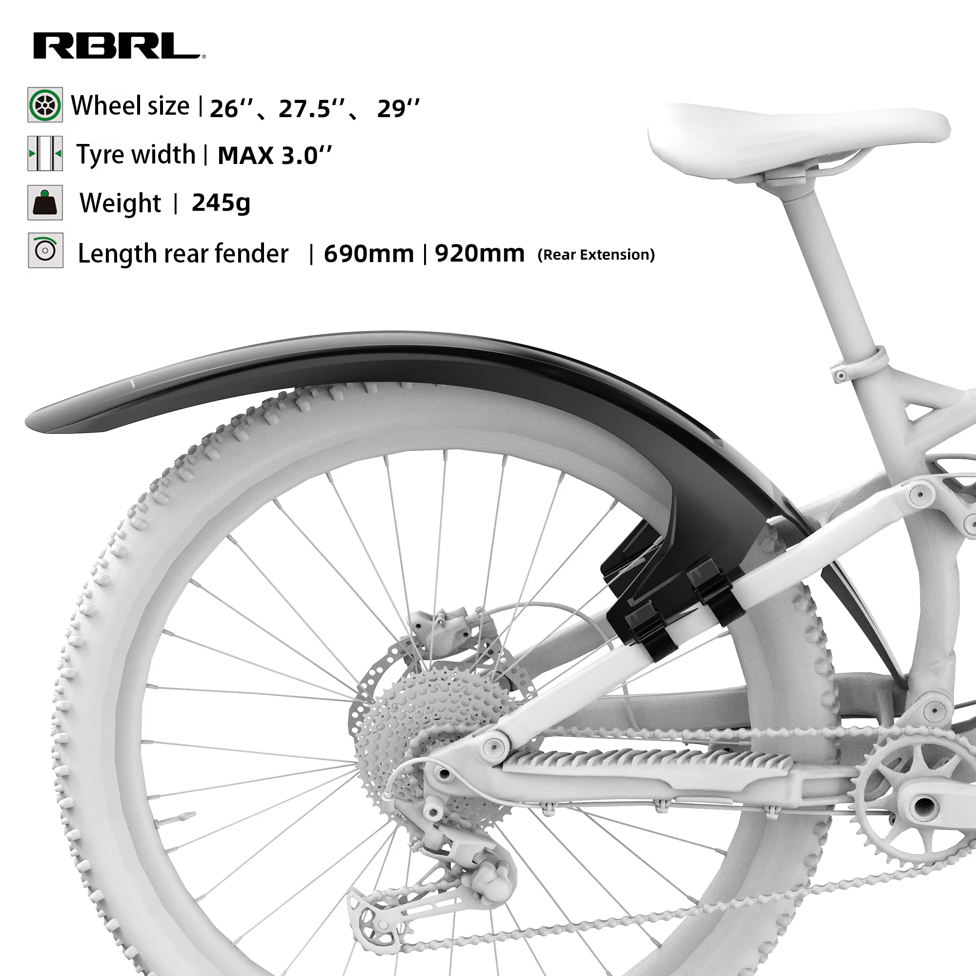 Garde-boue arrière complet RBRL anti-éclaboussures pour VTT et vélo électrique 27,5 29 pouces, garde