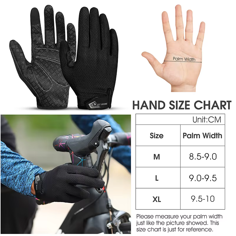 WEST BIKING – gants de cyclisme d'été, doigt complet, pour vtt, écran tactile, antidérapants, paume 
