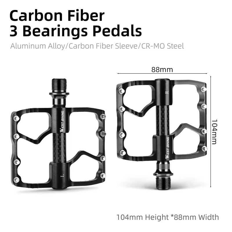 WEST BIKING – pédale de vélo ultralégère en Fiber de carbone, 3 roulements, axe creux, accessoires d