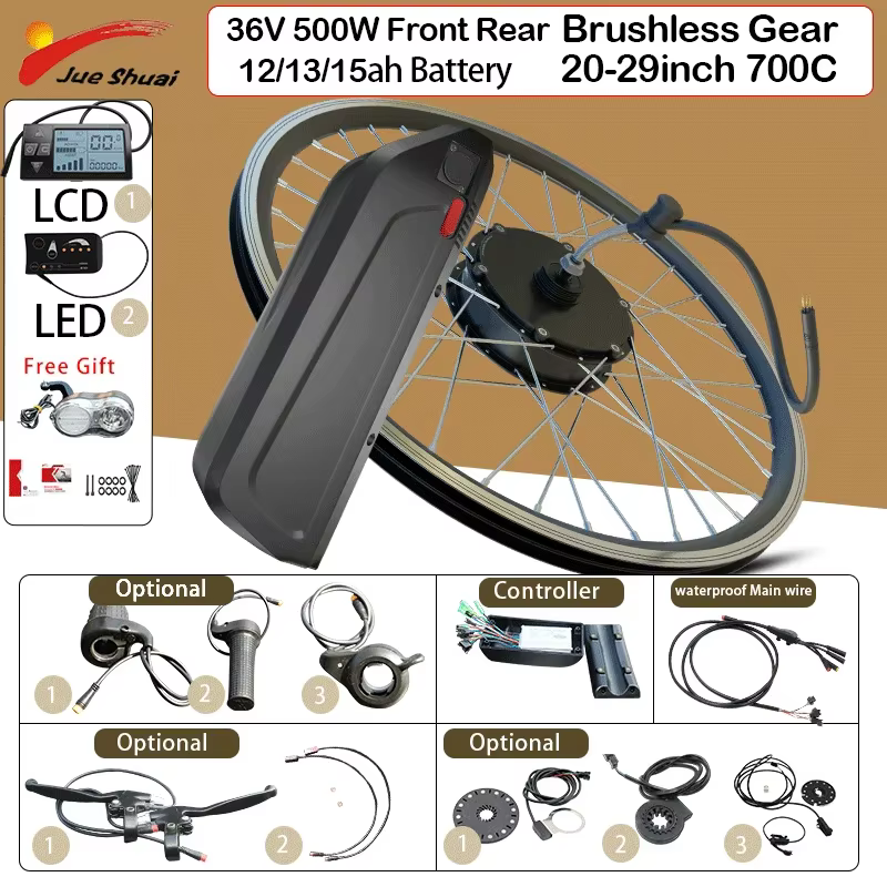 Kit de Conversion de vélo électrique 36V 250W 350W 500W, avec batterie 12/15ah, 20-29 pouces, 700C 2