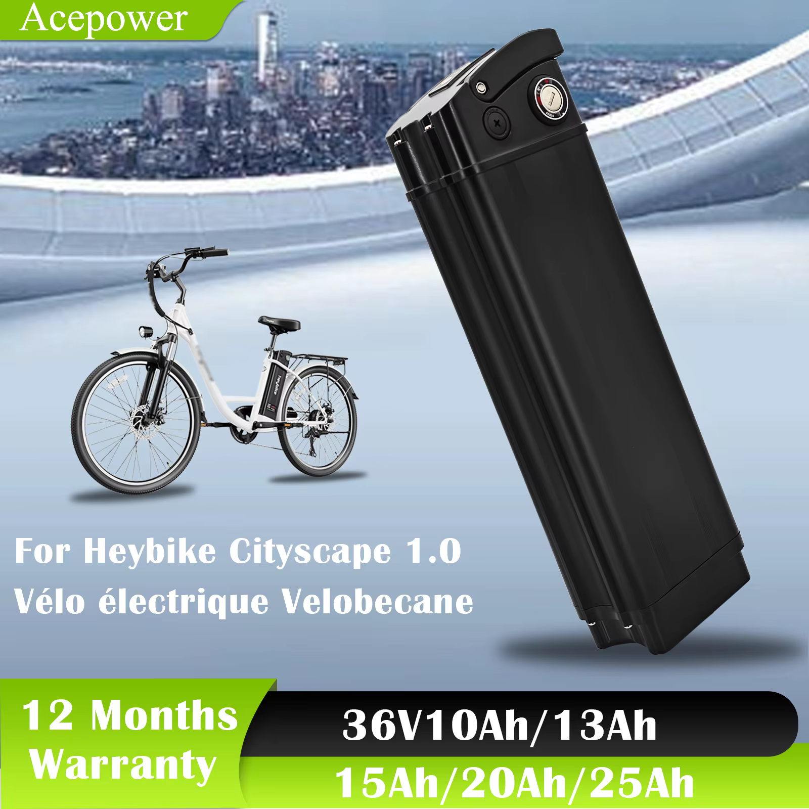 Batterie de vélo électrique Heybike Cityscape Velobecane 36V 10Ah 15Ah 25Ah pour remplacement de bat