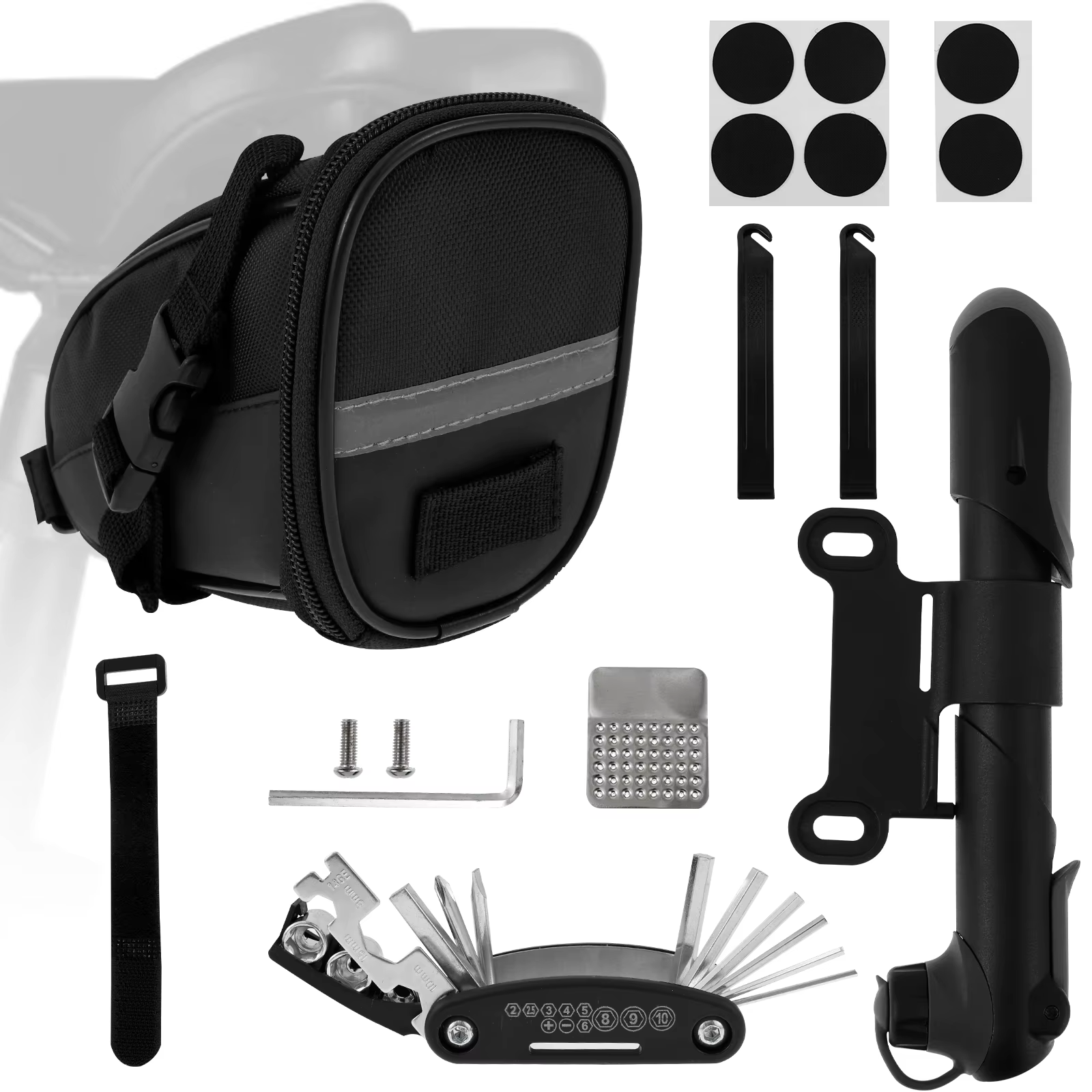 Kit d'outils de réparation de vélos avec pompe comprend divers outils de réparation tels que les clé