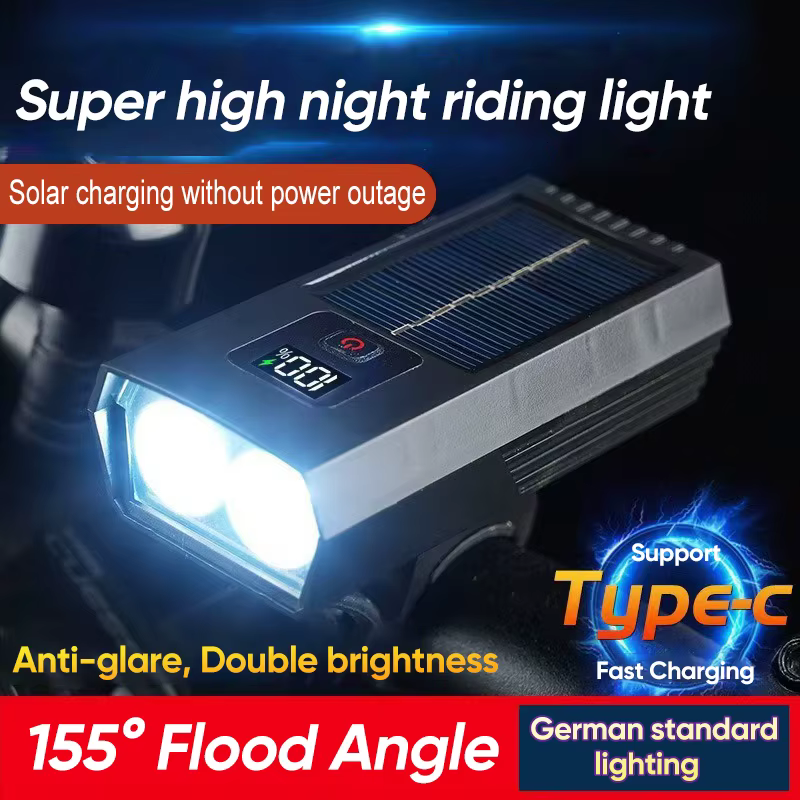Feu avant de vélo LED à charge solaire, phare à affichage numérique pour vtt et vélo de route, lampe