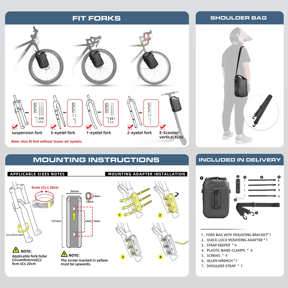 Rhinowalk vélo sac de fourche à dégagement rapide 2 pièces étanche 4L 6L vélo avant Pack montage Sco
