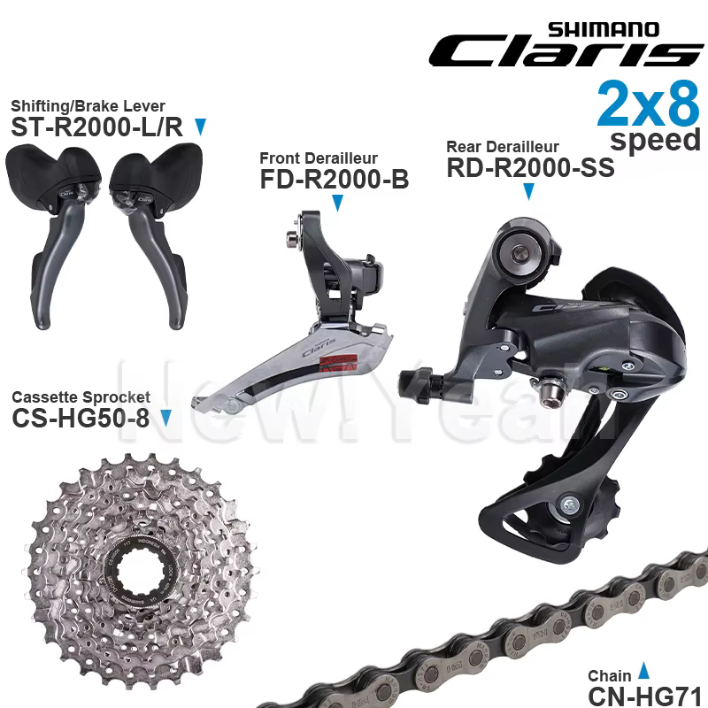 Groupe de transmission SHIMANO CLARIS R2000 2x8 vitesses ST-R2000 FD-R2000 RD-R2000 et cassette CS-H