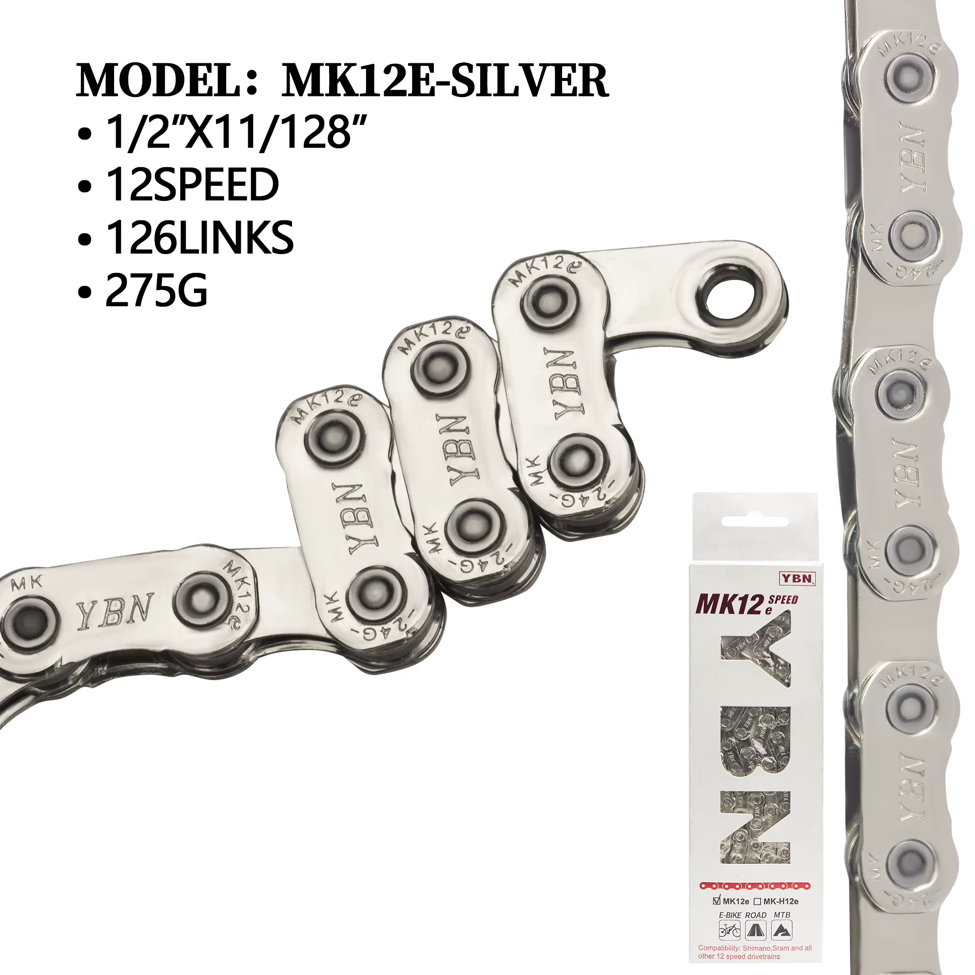 YBN – chaîne de vélo de route ultralégère MK120, 12 vitesses, 126 maillons, huile creuse, revêtement