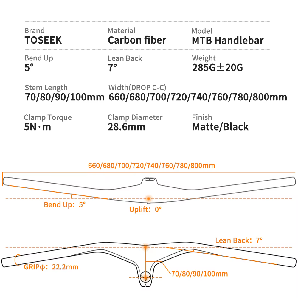 TOSEEK – guidon et tige de vtt intégrés en carbone, 660mm, -17 degrés, pour vtt, 800 ~ 100*70/80/90/