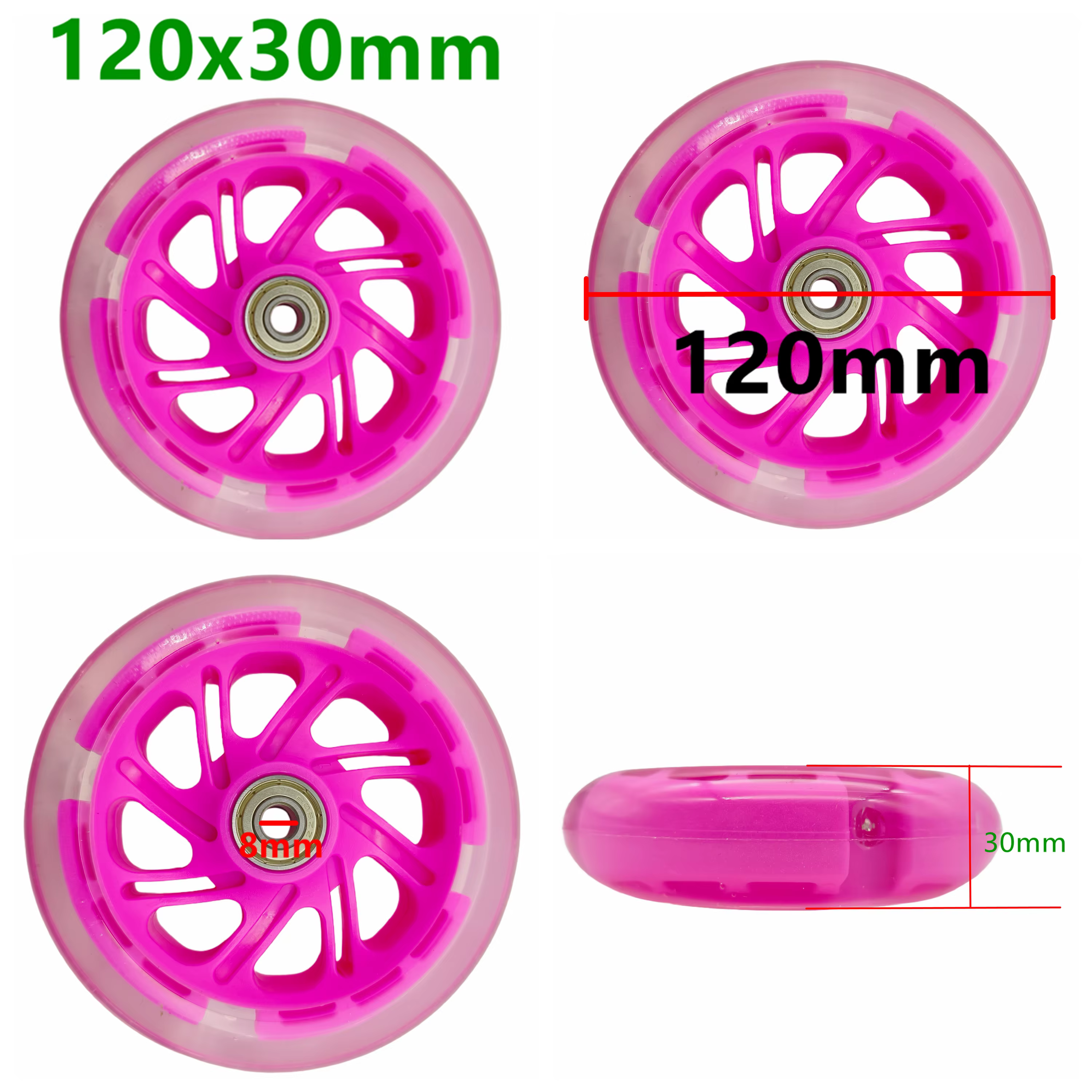 Roue de Scooter clignotante 120x30mm 120mm, roulements épais pour viande, haute qualité
