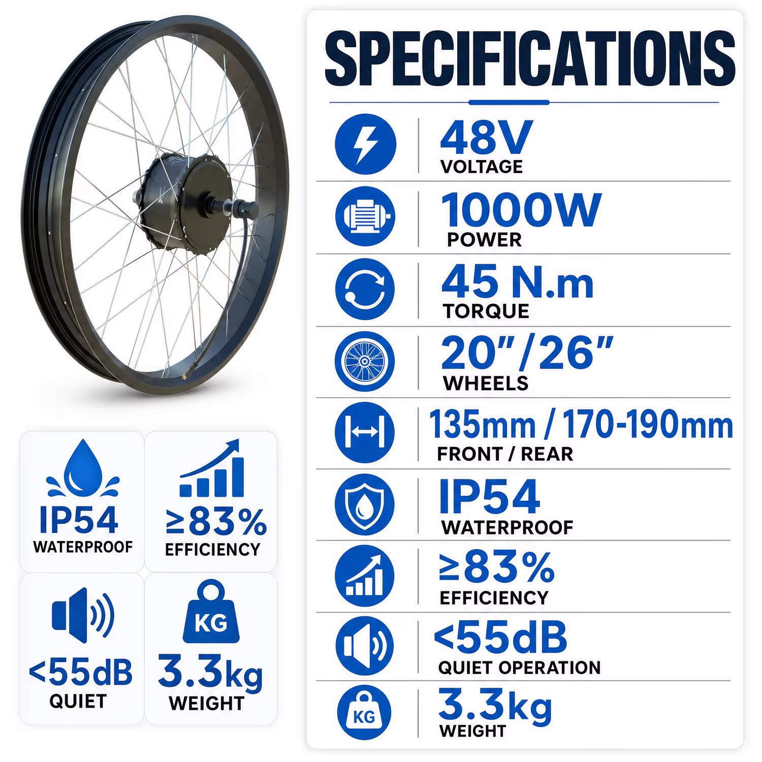 Kit de conversion de vélo électrique avec moteur de moyeu 48V 1000W pour pneus larges 20" 26" (avant/arrière) 135mm 170mm 20*4.0 26*4.0
