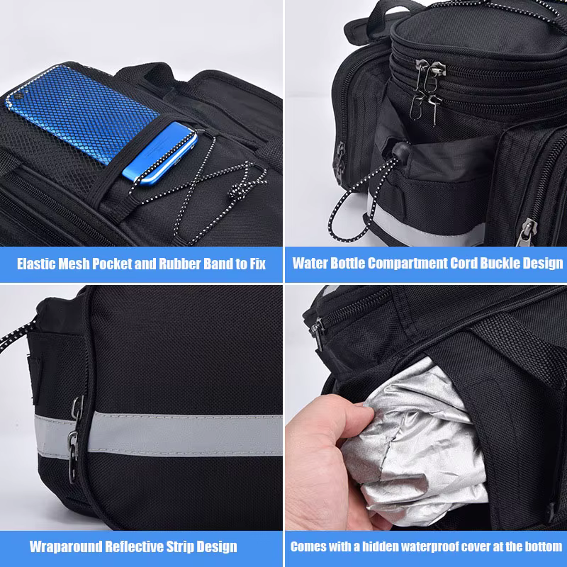 Sac de sacoche de vélo de grande capacité, sac d'étagère arrière de vélo de montagne, sac de rangement étanche pour bagages, sac de selle avec bande réfléchissante
