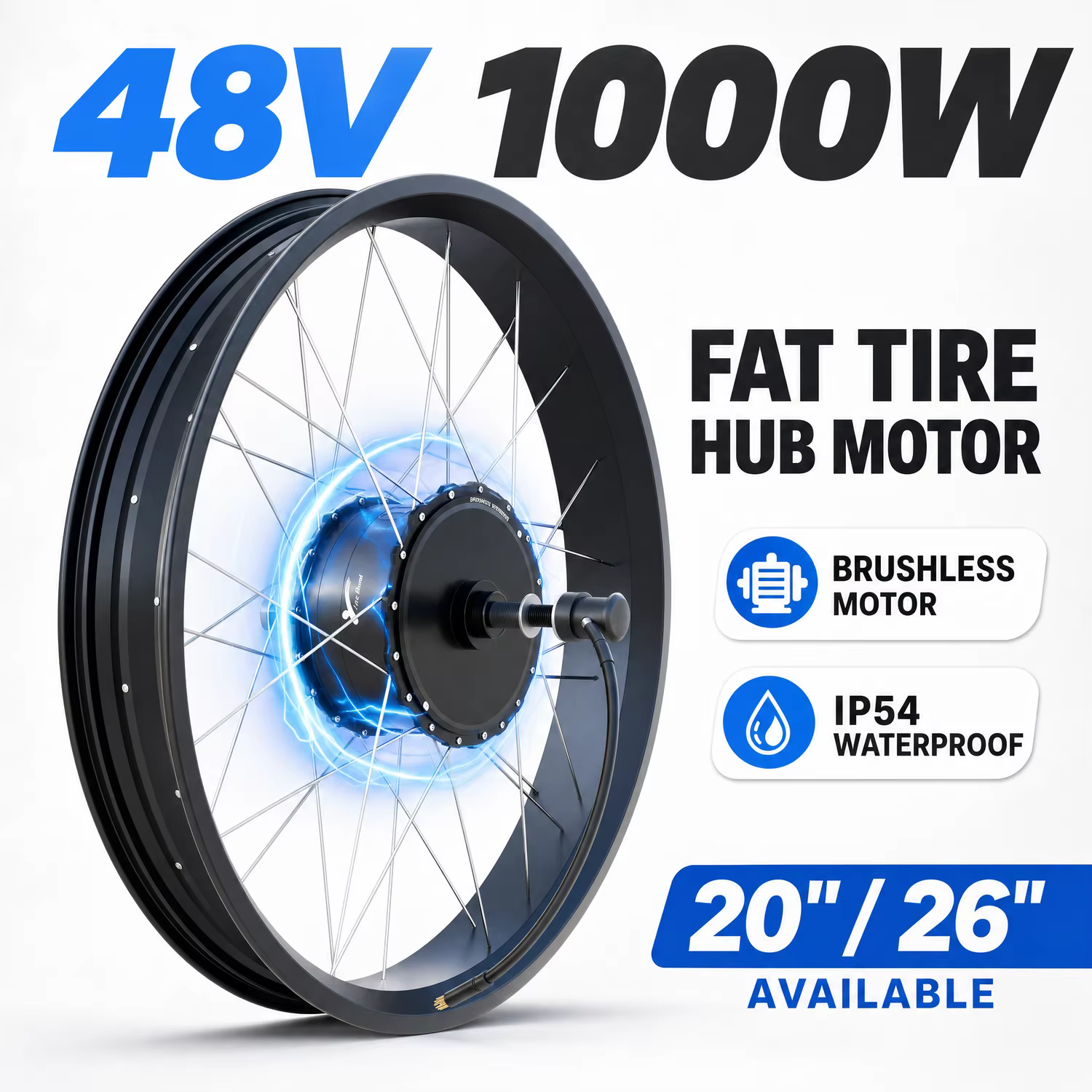 Kit de conversion de vélo électrique avec moteur de moyeu 48V 1000W pour pneus larges 20" 26" (avant/arrière) 135mm 170mm 20*4.0 26*4.0