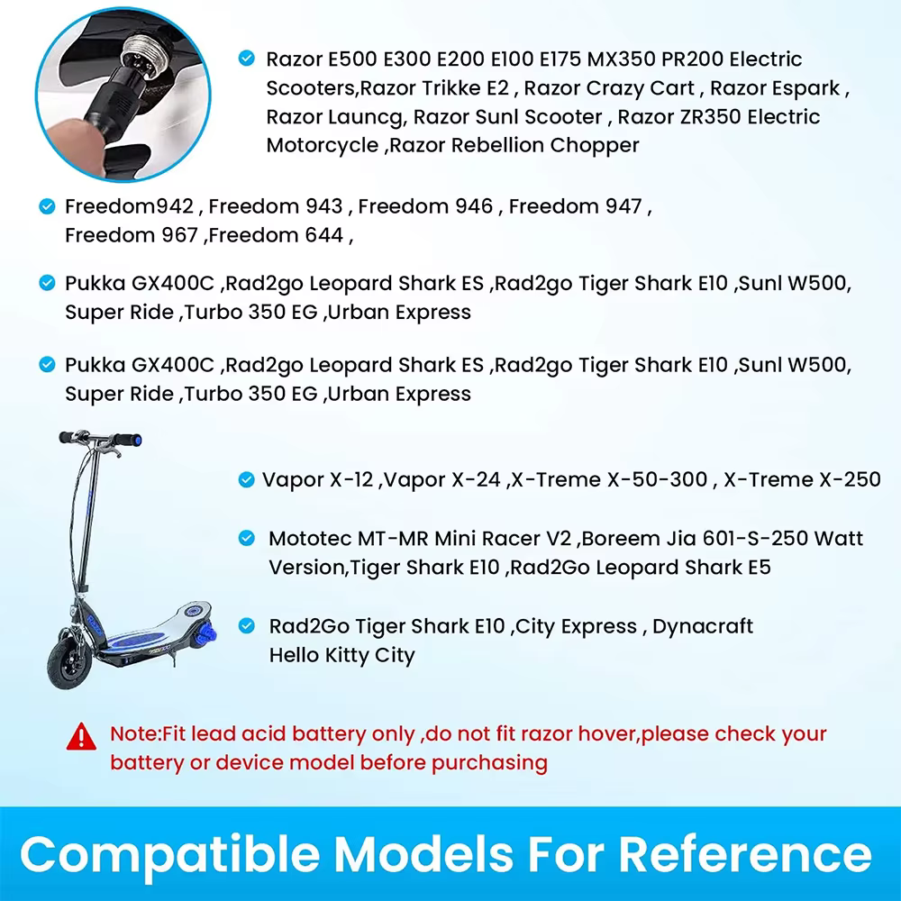 Chargeur 24V pour Razor E200 E200S E175 E300 E300S E125 E150 E500 E500S PR200 E225S E325S MX350 MX400 ZR350 Pocket Mod