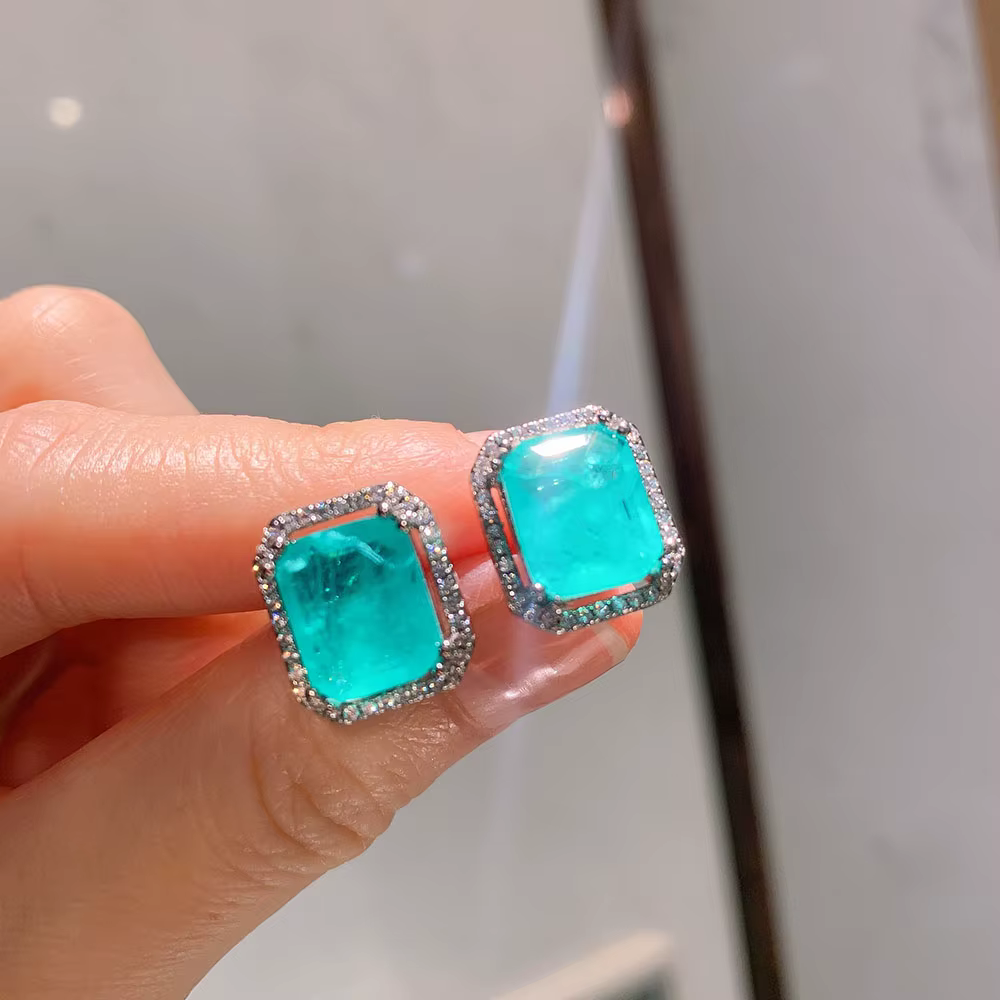 Paraiba Tourmaline Gemstone Stud Boucles d'oreilles, Bague, Collier, Bijoux fins de mariage de luxe, Accessoires vintage, Hot Gift pour les femmes