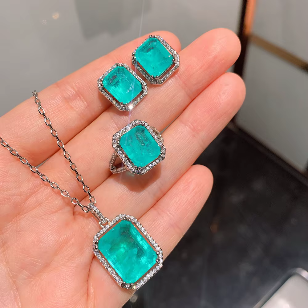 Paraiba Tourmaline Gemstone Stud Boucles d'oreilles, Bague, Collier, Bijoux fins de mariage de luxe, Accessoires vintage, Hot Gift pour les femmes