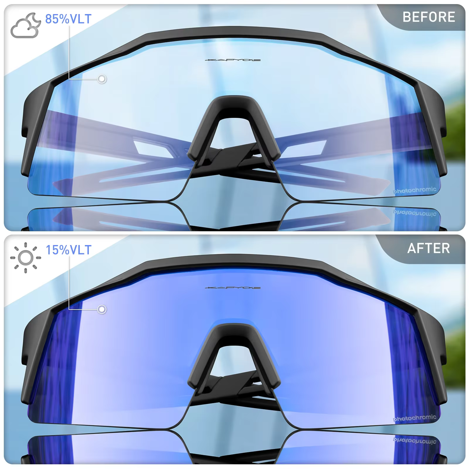 Kapvoe rouge photochromique cyclisme lunettes de soleil pour hommes bleu photochromisme