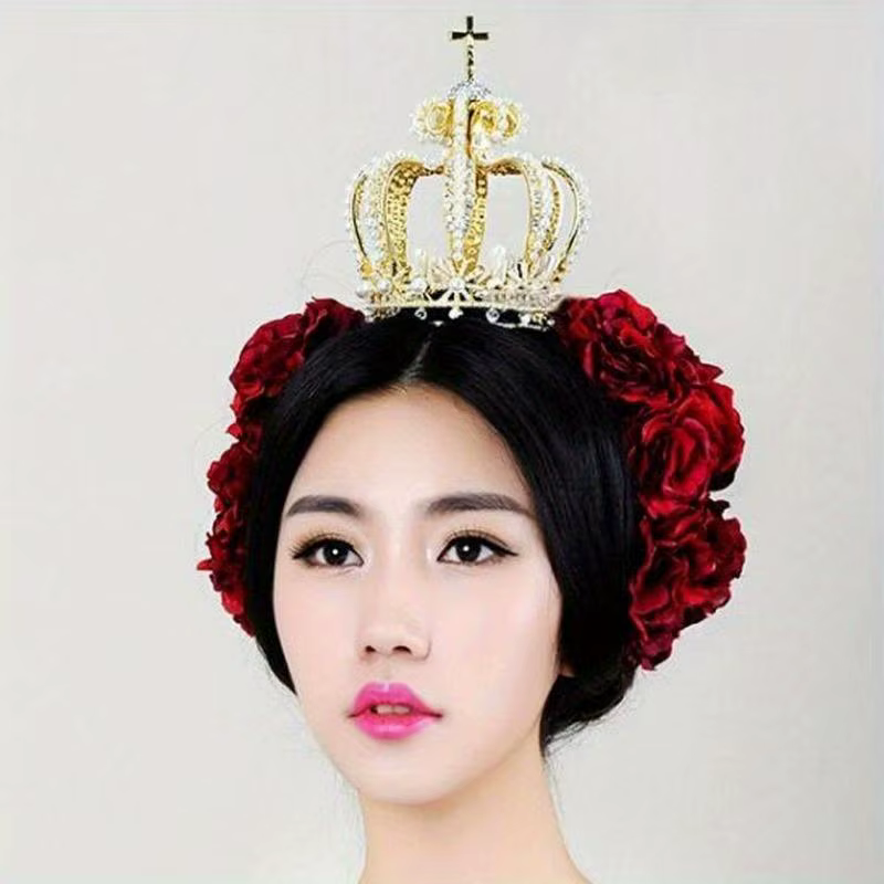 Accessoires de cheveux de mariée : Couronne de mariage en alliage, style baroque croisé, ornée de cristaux et de perles, diadème de mariée