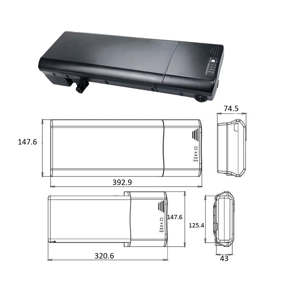 Batterie de vélo électrique pour porte-bagages arrière 36V 12Ah 10.4Ah 13Ah 14Ah