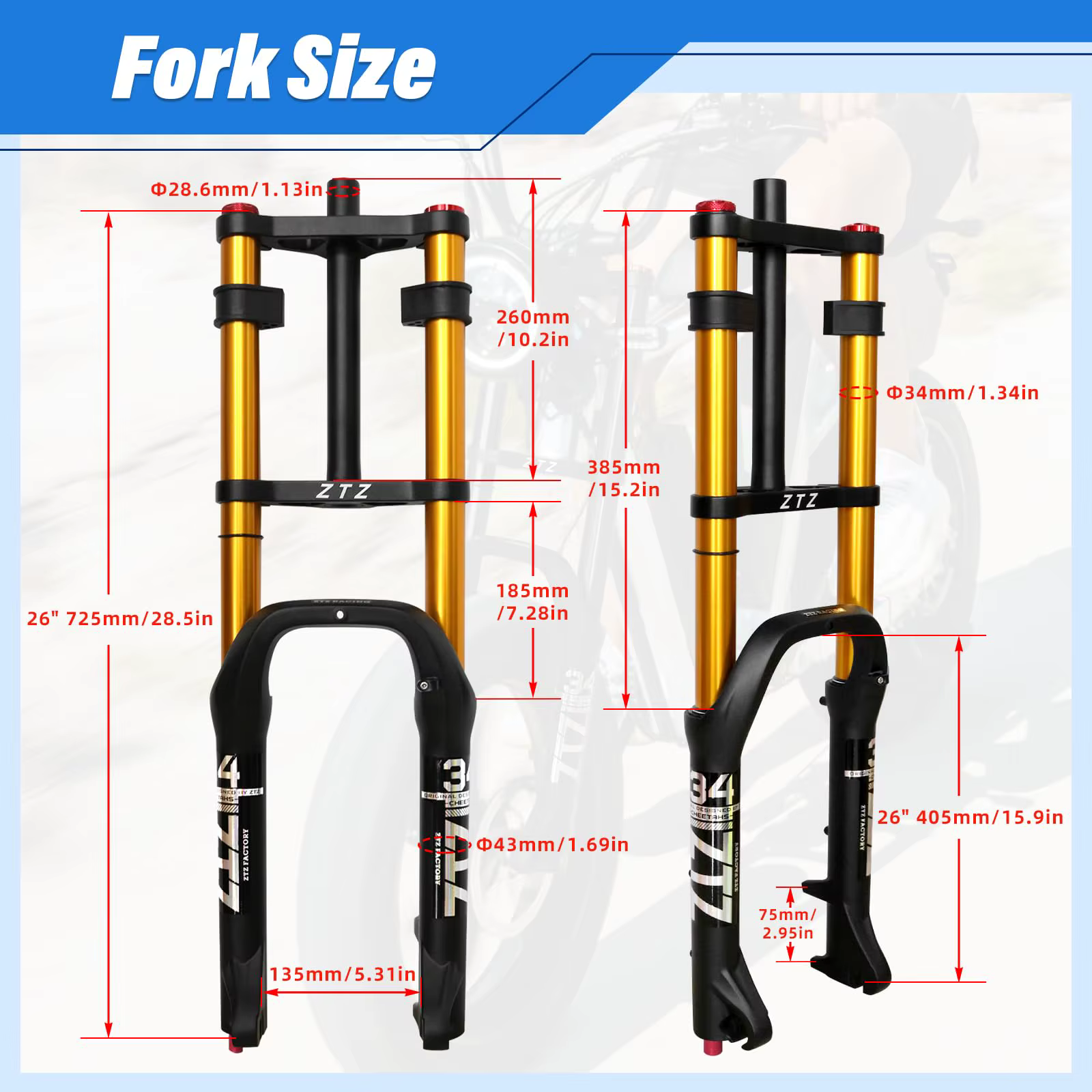 Fourche à air VTT ZTZ double suspension 20/26 pouces pour pneus larges 4.0