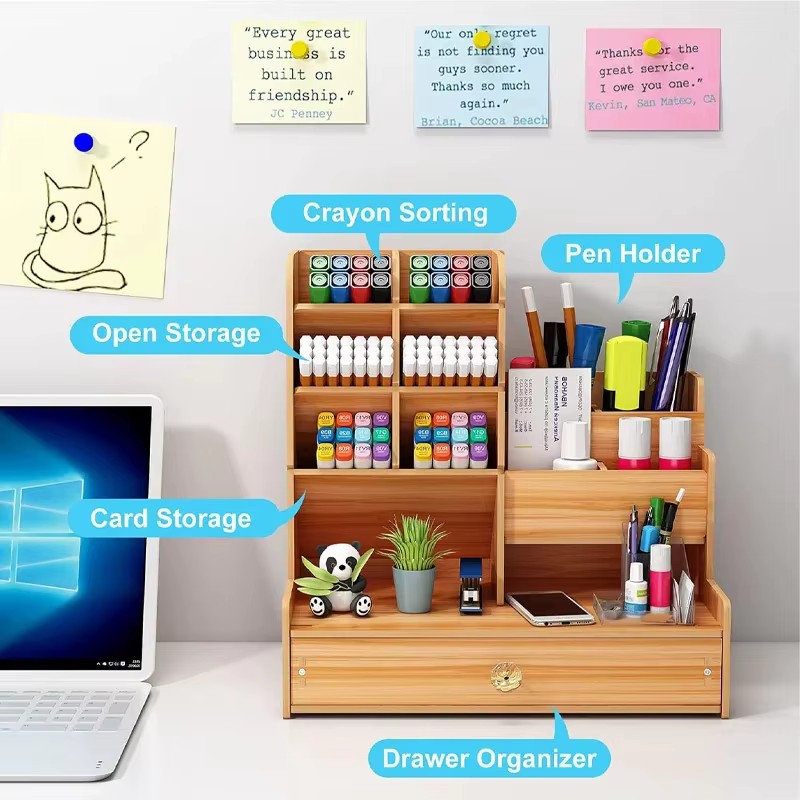 Organisateur de bureau en bois de grande capacité, porte-stylo bien rangé, boîte de rangement avec MELfor Home Office et School, bricolage