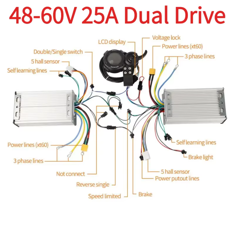 Contrôleur de trottinette électrique 48V-60V 25A 6 tubes double entraînement universel avec écran LCD Damao et