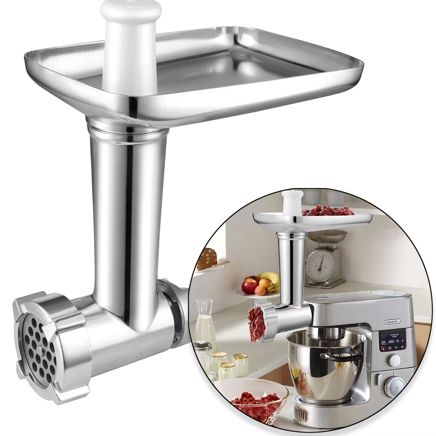 Accessoire hachoir à viande pour robots culinaires Kenwood Chef, Chef XL, KVC, KVL et kMix, hachoir à viande, poussoir à saucisses